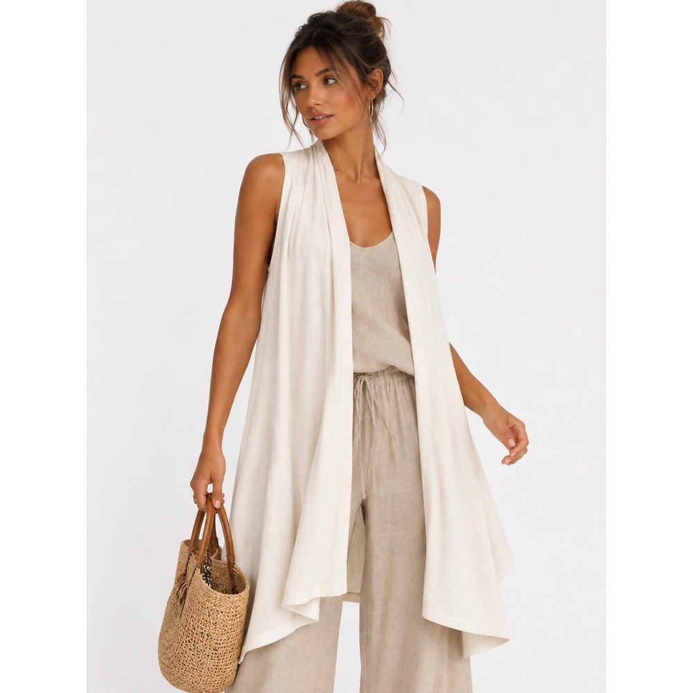 Bryn Walker Cream Open Front Draped Sleeveless Cardigan Vest Lagenlook XS